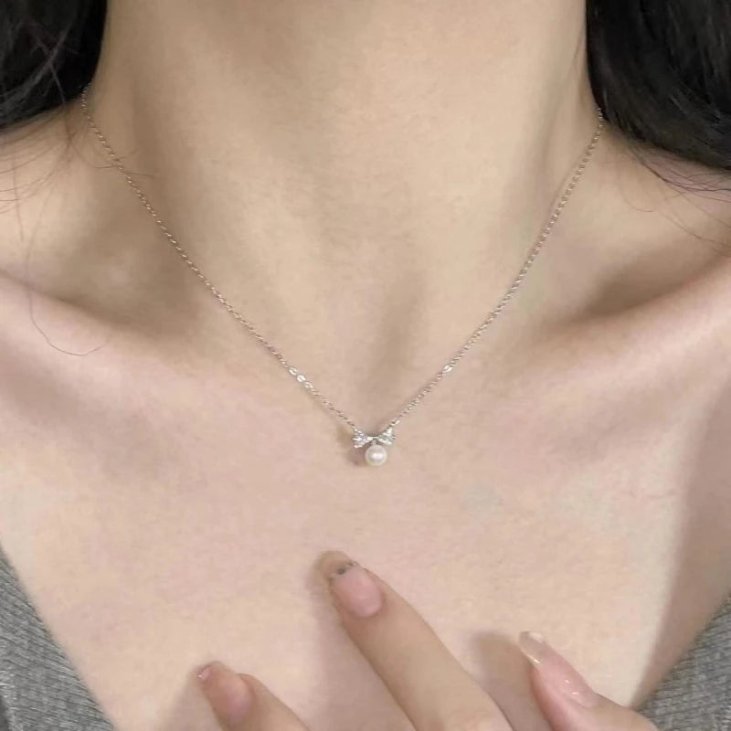 Real 925 Sterling Silver Zircon CZ Bowknot Pearl Choker Necklace for Women Cute Fine Jewelry Minimalist Accessories - Floq & Raman