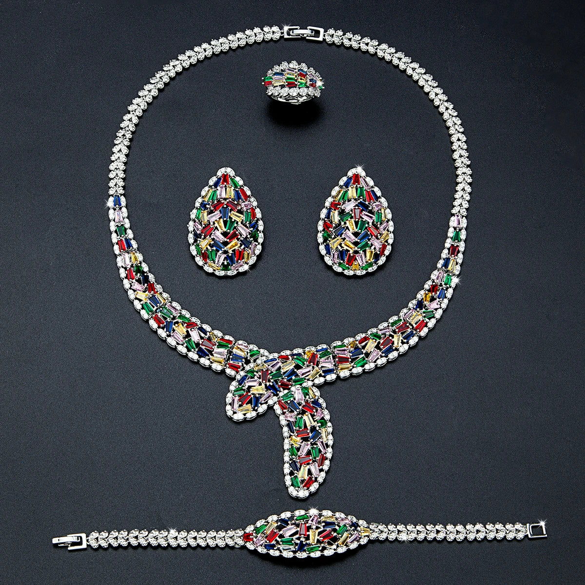 2024 Bridal Jewelry Set – 4-Piece Cubic Zirconia Necklace, Earrings, Ring & Bracelet for Women - Floq & Raman