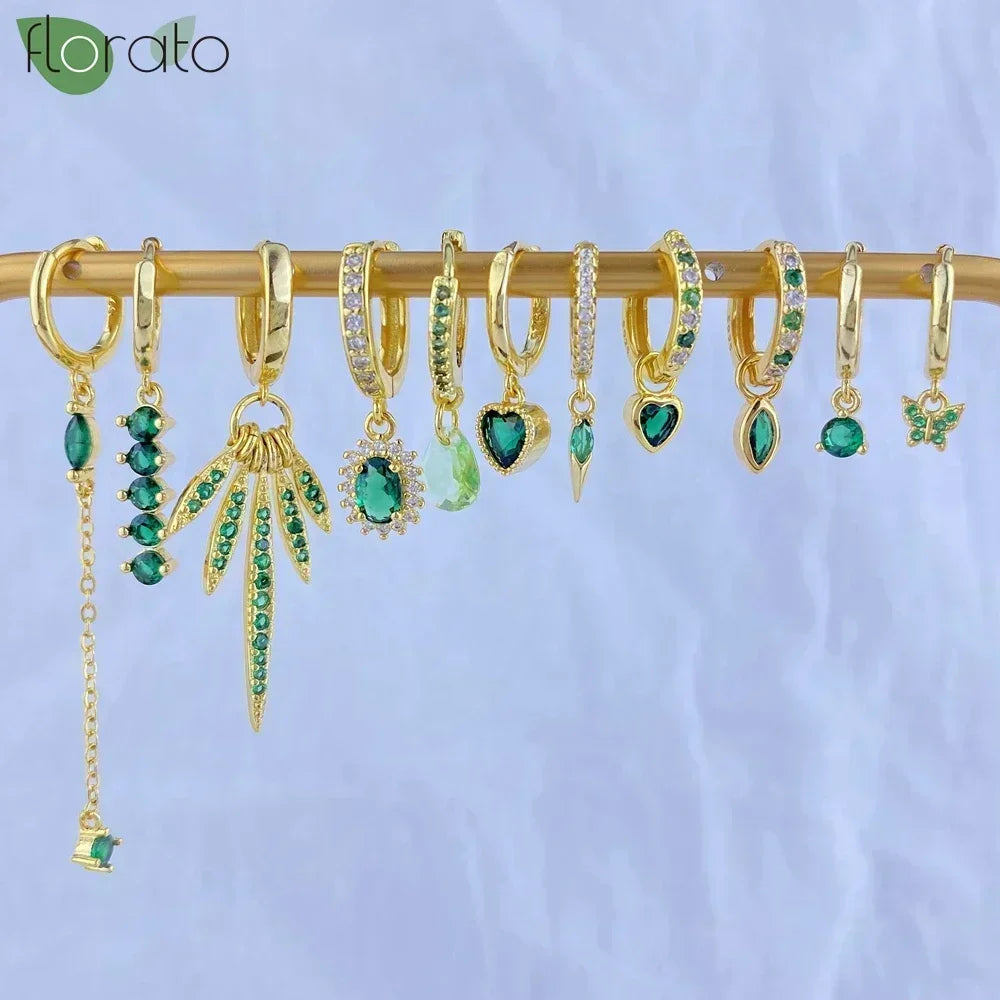 925 Sterling Silver Green Crystal CZ Hoop Earrings for Women | 2023 Luxury Gold Small Huggie Earrings | Fashion Piercing Jewelry - Floq & Raman