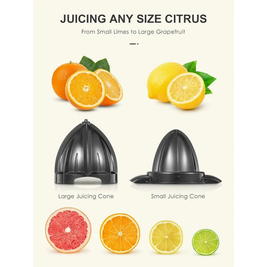 Electric Citrus Juicer with 2 Interchangeable Cones, Dishwasher Safe, BPA-Free, P-Free