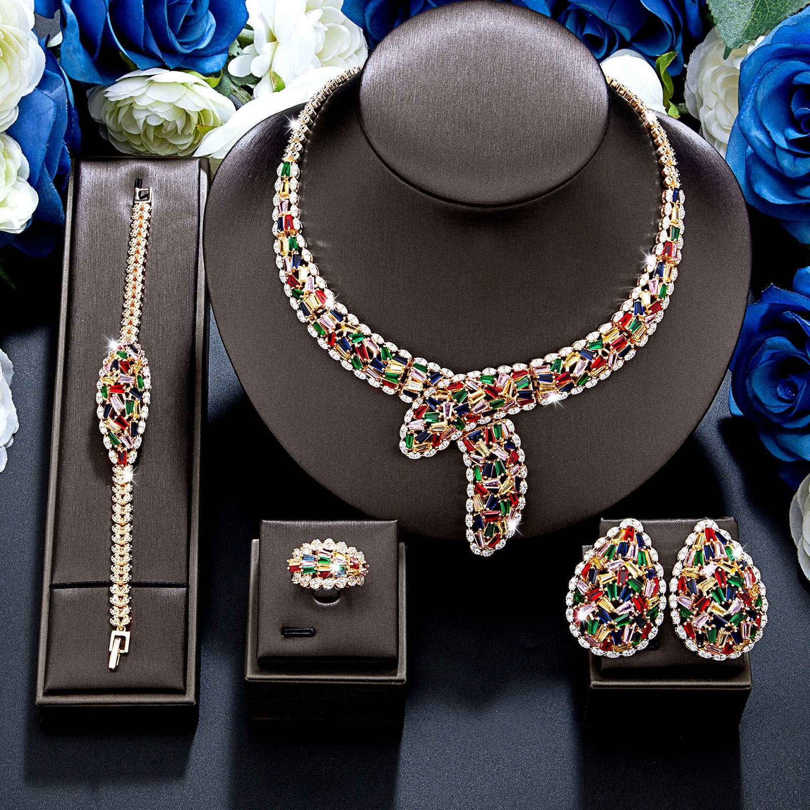 2024 Bridal Jewelry Set – 4-Piece Cubic Zirconia Necklace, Earrings, Ring & Bracelet for Women - Floq & Raman