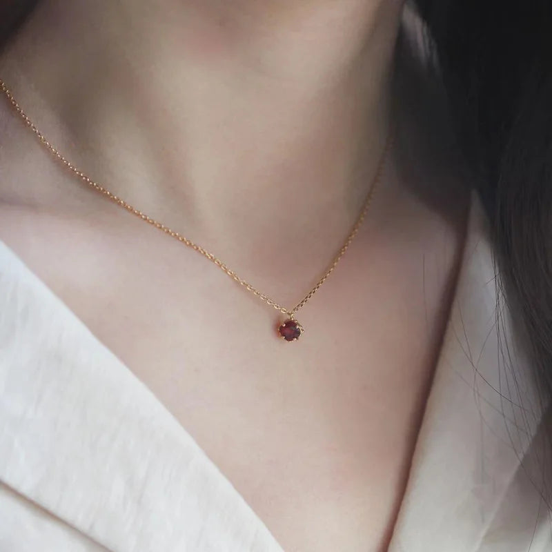 S925 Sterling Silver 14K Gold Plated Pomegranate Red Zircon Pendant Necklace Clavicle Chain Gift for Women Vintage Elegant - Floq & Raman