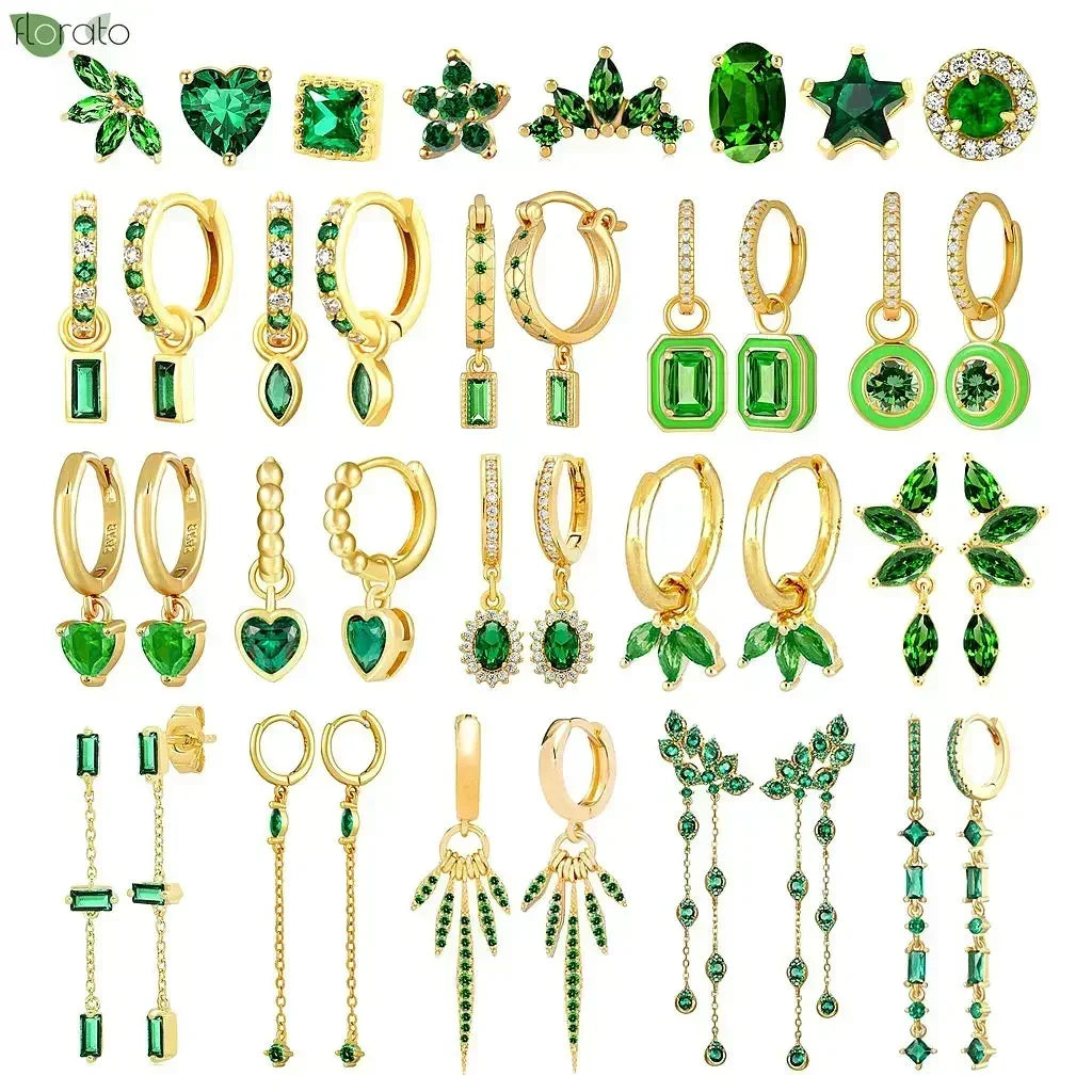 925 Sterling Silver Green Crystal CZ Hoop Earrings for Women | 2023 Luxury Gold Small Huggie Earrings | Fashion Piercing Jewelry - Floq & Raman