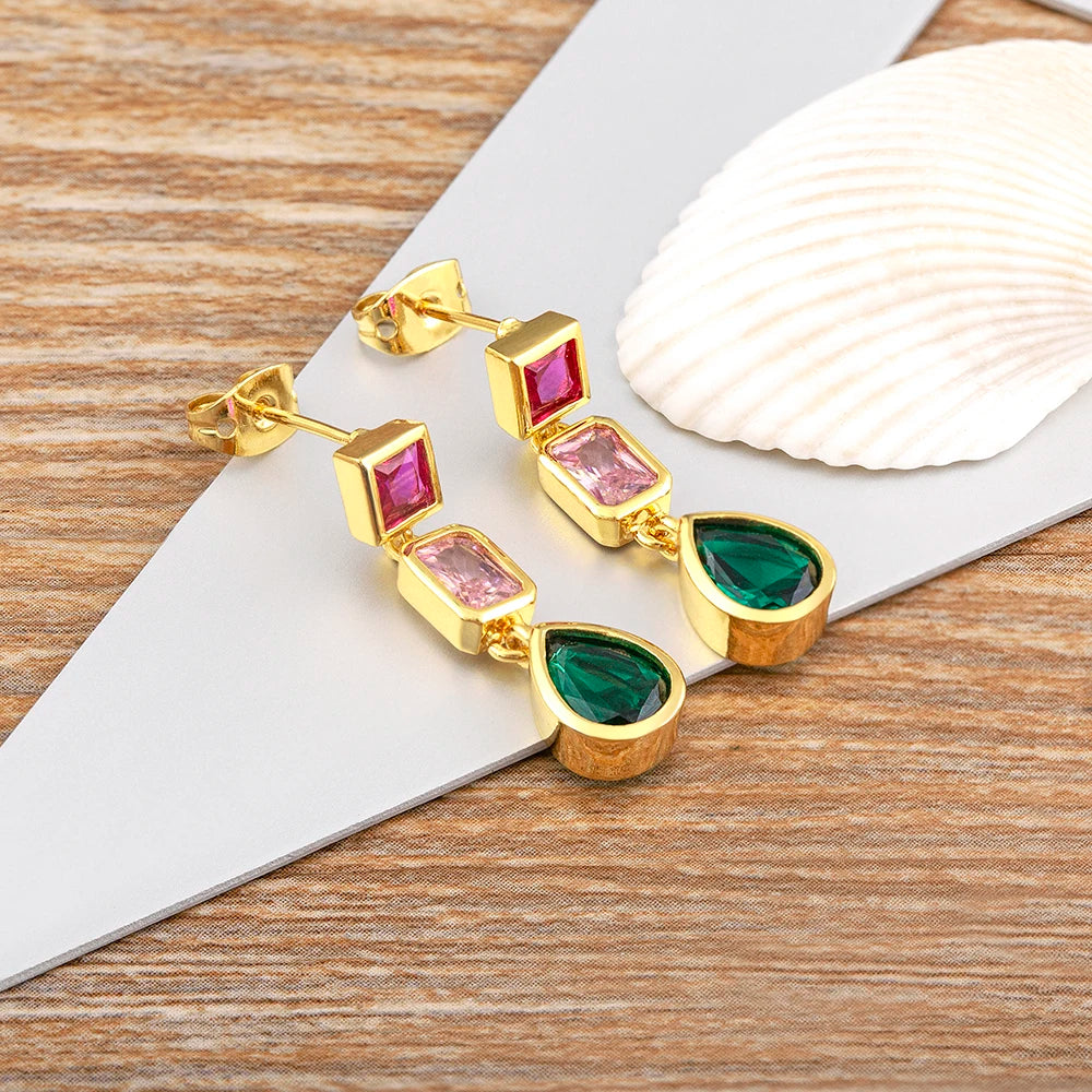 Trendy Dangle Drop Earrings for Women Colorful Color Rainbow Zircon Jewelry Accessories Fine Wedding Engagement Gift - Floq & Raman