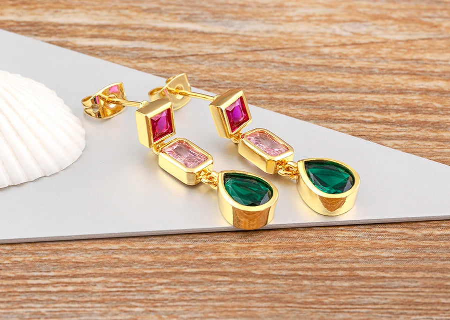 Trendy Dangle Drop Earrings for Women Colorful Color Rainbow Zircon Jewelry Accessories Fine Wedding Engagement Gift - Floq & Raman