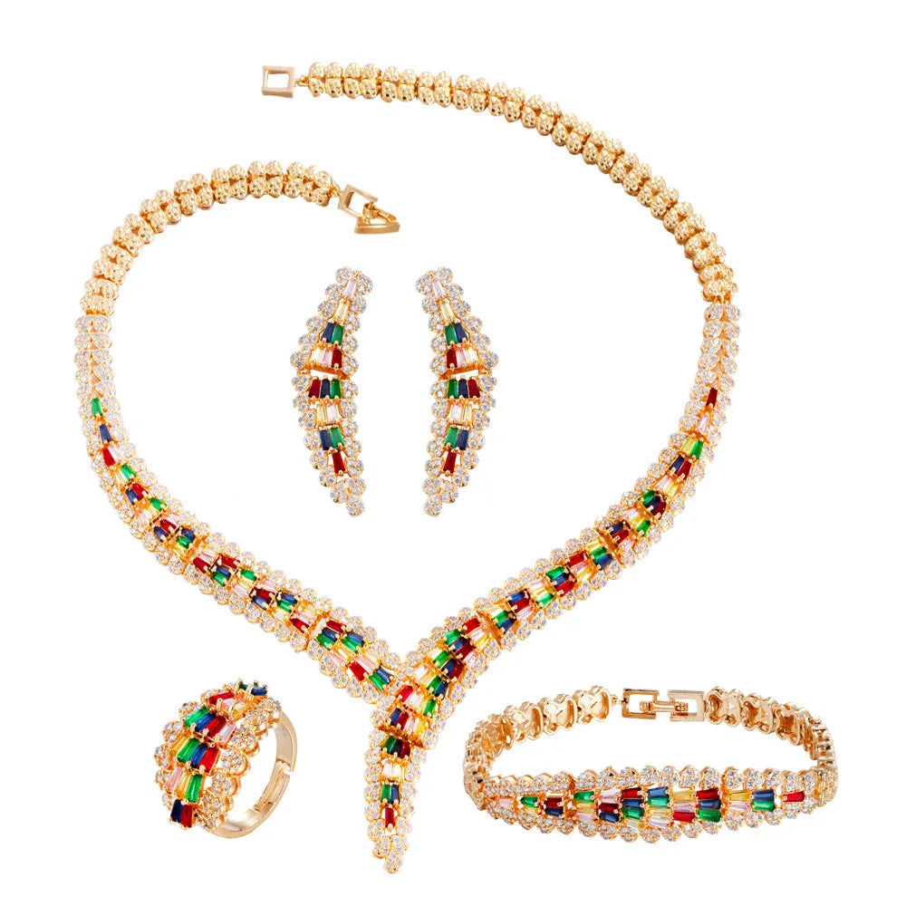 Luxury 4pcs MulLuxury 4Pcs Multicolor Cubic Zirconia African Dubai Bridal Jewelry Set | Gold Plated Wedding Necklace, Earrings, Ring & Bracele - Floq & Raman