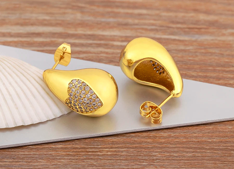 Hot Sale Shiny Heart Pattern Large Water Drop Metal Earrings For Women Retro Smooth Chunky Ear Jewelry Wedding Gifts - Floq & Raman