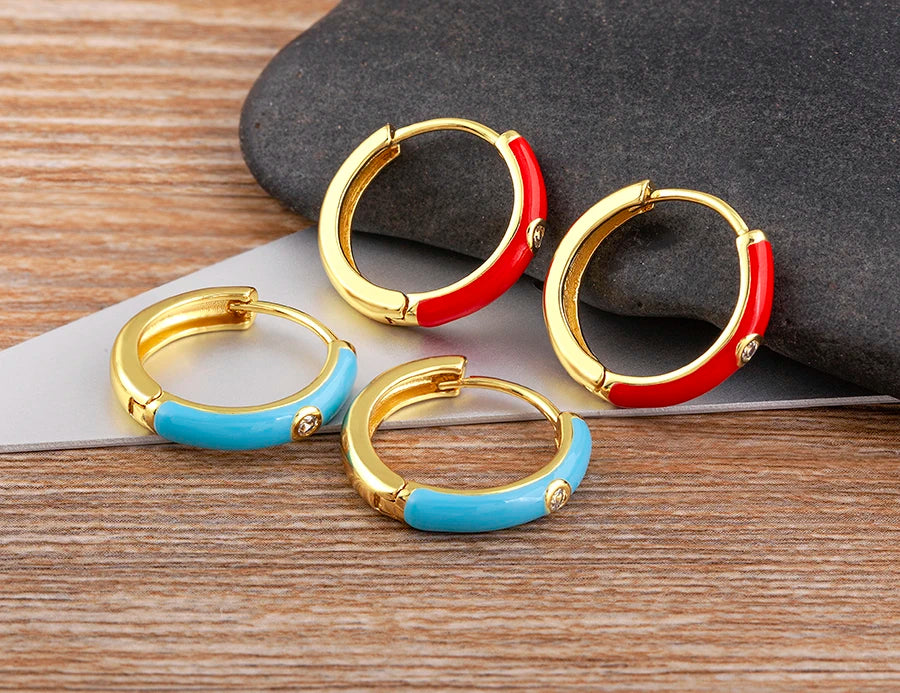 New Minimalist Candy Colors Enamel Round Hoop Earrings for Women Zircon Piercing Cartilage Huggie Ear Jewelry Wedding Gift - Floq & Raman