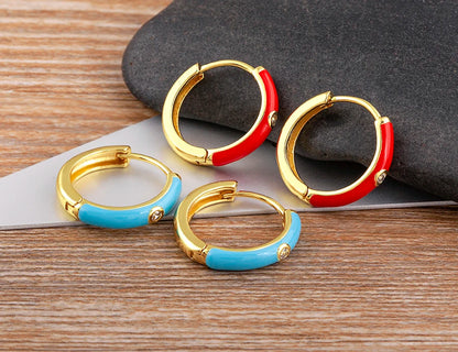 New Minimalist Candy Colors Enamel Round Hoop Earrings for Women Zircon Piercing Cartilage Huggie Ear Jewelry Wedding Gift - Floq & Raman