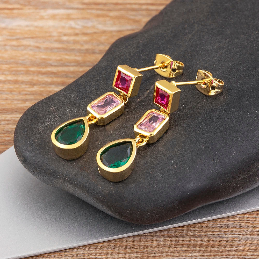 Trendy Dangle Drop Earrings for Women Colorful Color Rainbow Zircon Jewelry Accessories Fine Wedding Engagement Gift - Floq & Raman