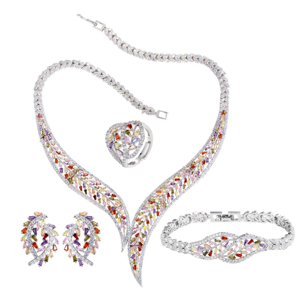 4Pcs Multicolor Cubic Zirconia Leaf Jewelry Set for Women | Luxury Bridal Wedding Necklace & Earrings Set | Pave Setting - Floq & Raman