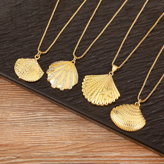 New Fashion Lucky Shell Shape Inlaid Pearl Crystal Zircon Pendant Necklace For Women Female 4 Styles Choice Jewelry Gifts - Floq & Raman