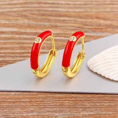 New Minimalist Candy Colors Enamel Round Hoop Earrings for Women Zircon Piercing Cartilage Huggie Ear Jewelry Wedding Gift - Floq & Raman