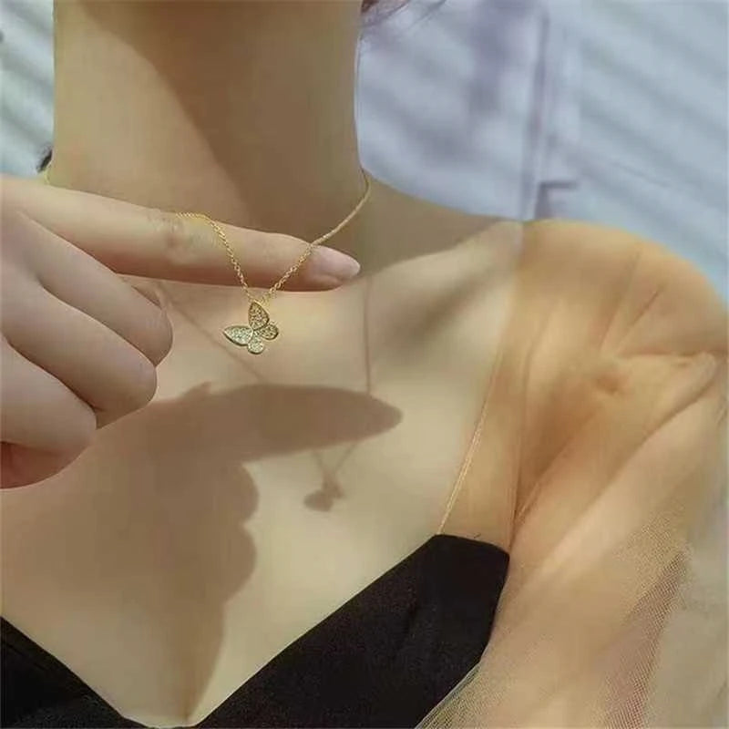S925 Sterling Silver Butterfly Necklace 18K Gold Plated Korean Style Diamond Embedded Luxury Ins Popular Clavicle Chain - Floq & Raman