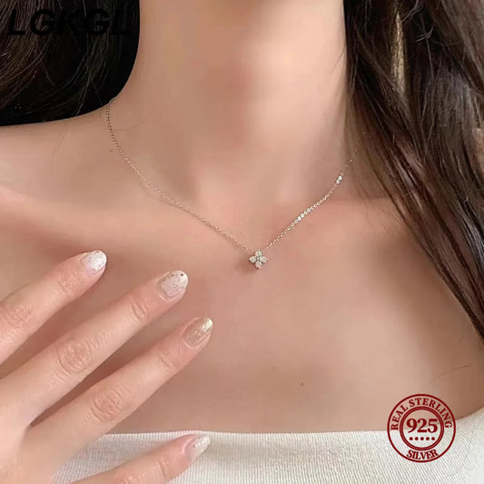 S925 Sterling Silver Plated 18K Gold Set Zircon Necklace Female Sparkling Diamond Four Leaf Grass Versatile Collar Chain - Floq & Raman
