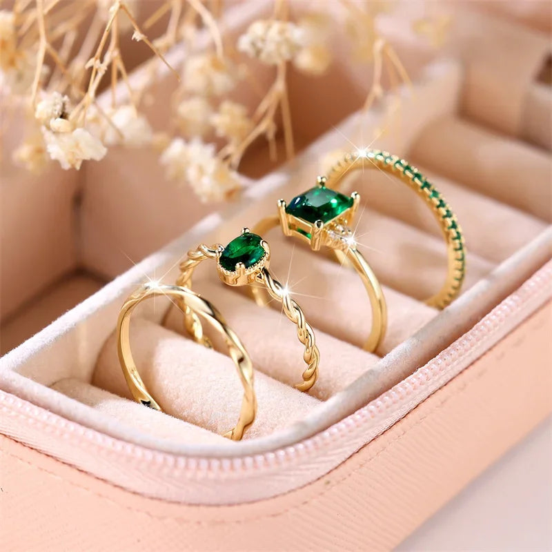 Luxury 4-Piece Green Zircon Stone Ring Set for Women | Trendy Yellow Gold Engagement & Wedding Rings | Elegant Bride Jewelry Gift - Floq & Raman