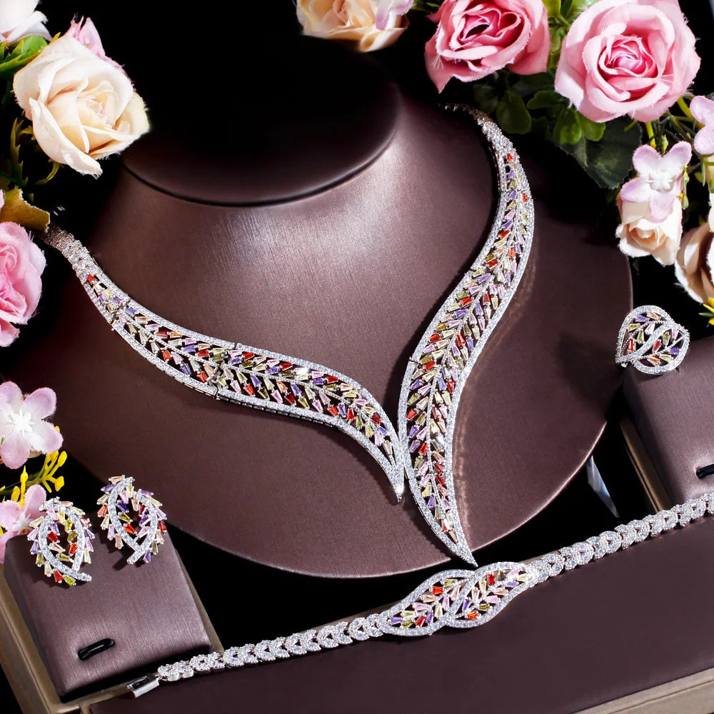 4Pcs Multicolor Cubic Zirconia Leaf Jewelry Set for Women | Luxury Bridal Wedding Necklace & Earrings Set | Pave Setting - Floq & Raman