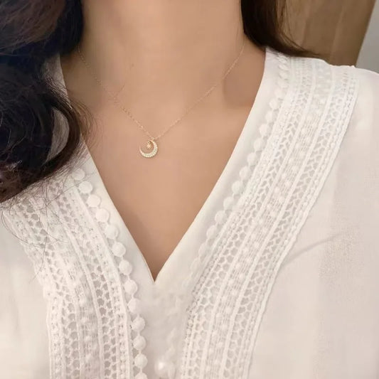 S925 Sterling Silver Star Moon Necklace for Women with Micro-Paved Zircon Diamond Pendant Clavicle Chain Jewelry Accessory - Floq & Raman