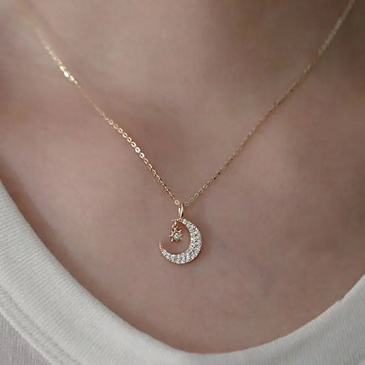 S925 Sterling Silver Star Moon Necklace for Women with Micro-Paved Zircon Diamond Pendant Clavicle Chain Jewelry Accessory - Floq & Raman