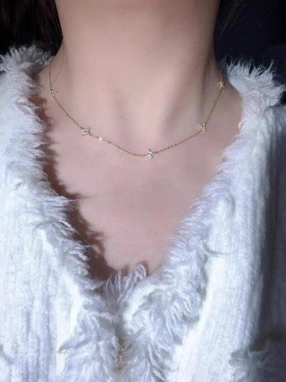 S925 Whole Body Sterling Silver Diamond Four-Leaf Clover Necklace Collarbone Chain Full Star Light Luxury Girl Gift - Floq & Raman