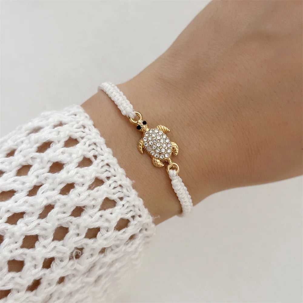 Women’s Adjustable Sea Turtle Bracelet – Gold Color, Rhinestones, Hand-Knitted Rope Chain | Summer Gifts - Floq & Raman