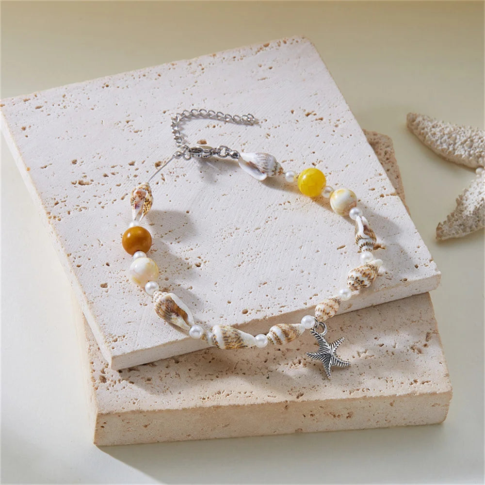 Dolphin, Starfish & Shell Pendant Bracelet – Conch Beads, Zinc Alloy, Adjustable | Summer Jewelry for Women - Floq & Raman