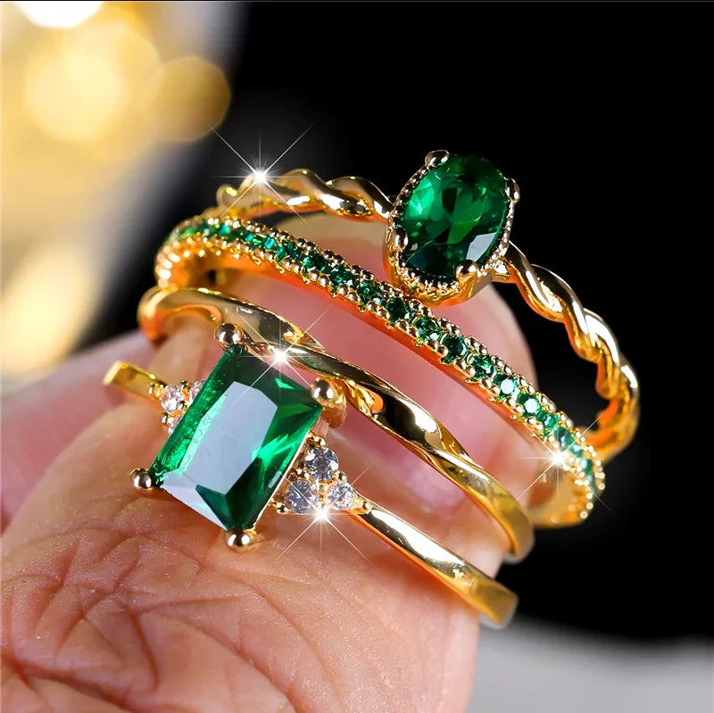 Luxury 4-Piece Green Zircon Stone Ring Set for Women | Trendy Yellow Gold Engagement & Wedding Rings | Elegant Bride Jewelry Gift - Floq & Raman