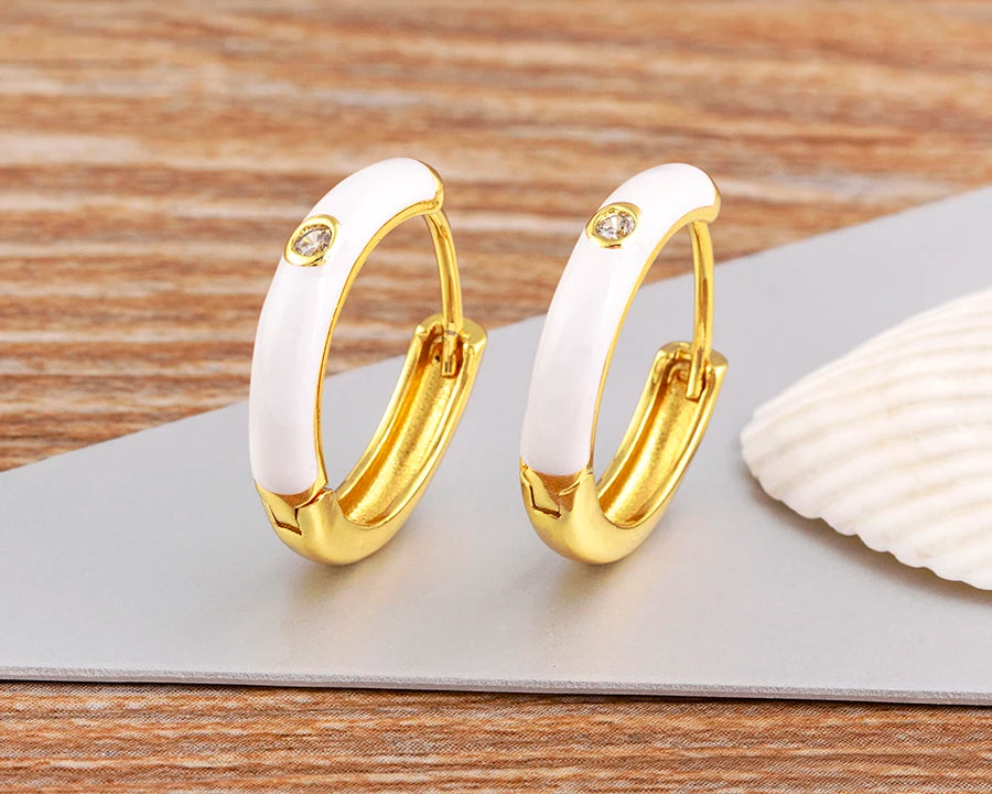 New Minimalist Candy Colors Enamel Round Hoop Earrings for Women Zircon Piercing Cartilage Huggie Ear Jewelry Wedding Gift - Floq & Raman