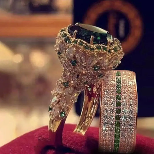 Exquisite Gold Color Hip Hop Wedding Ring Set for Women | Green Zircon Inlaid Bridal & Engagement Fashion Jewelry - Floq & Raman