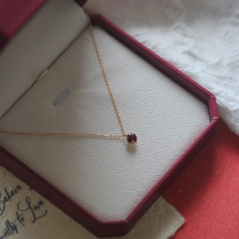 S925 Sterling Silver 14K Gold Plated Pomegranate Red Zircon Pendant Necklace Clavicle Chain Gift for Women Vintage Elegant - Floq & Raman