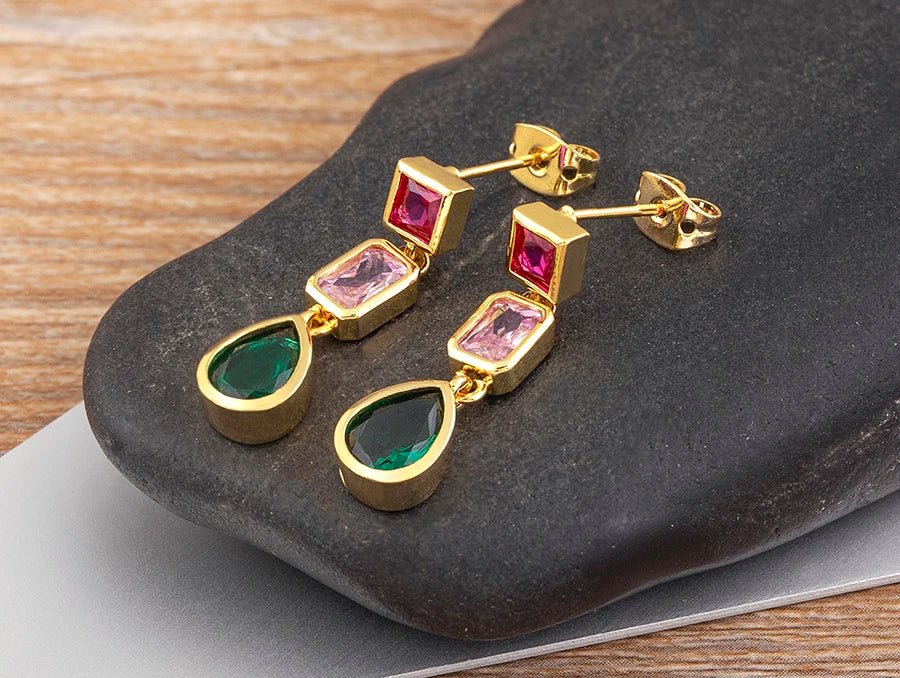 Trendy Dangle Drop Earrings for Women Colorful Color Rainbow Zircon Jewelry Accessories Fine Wedding Engagement Gift - Floq & Raman
