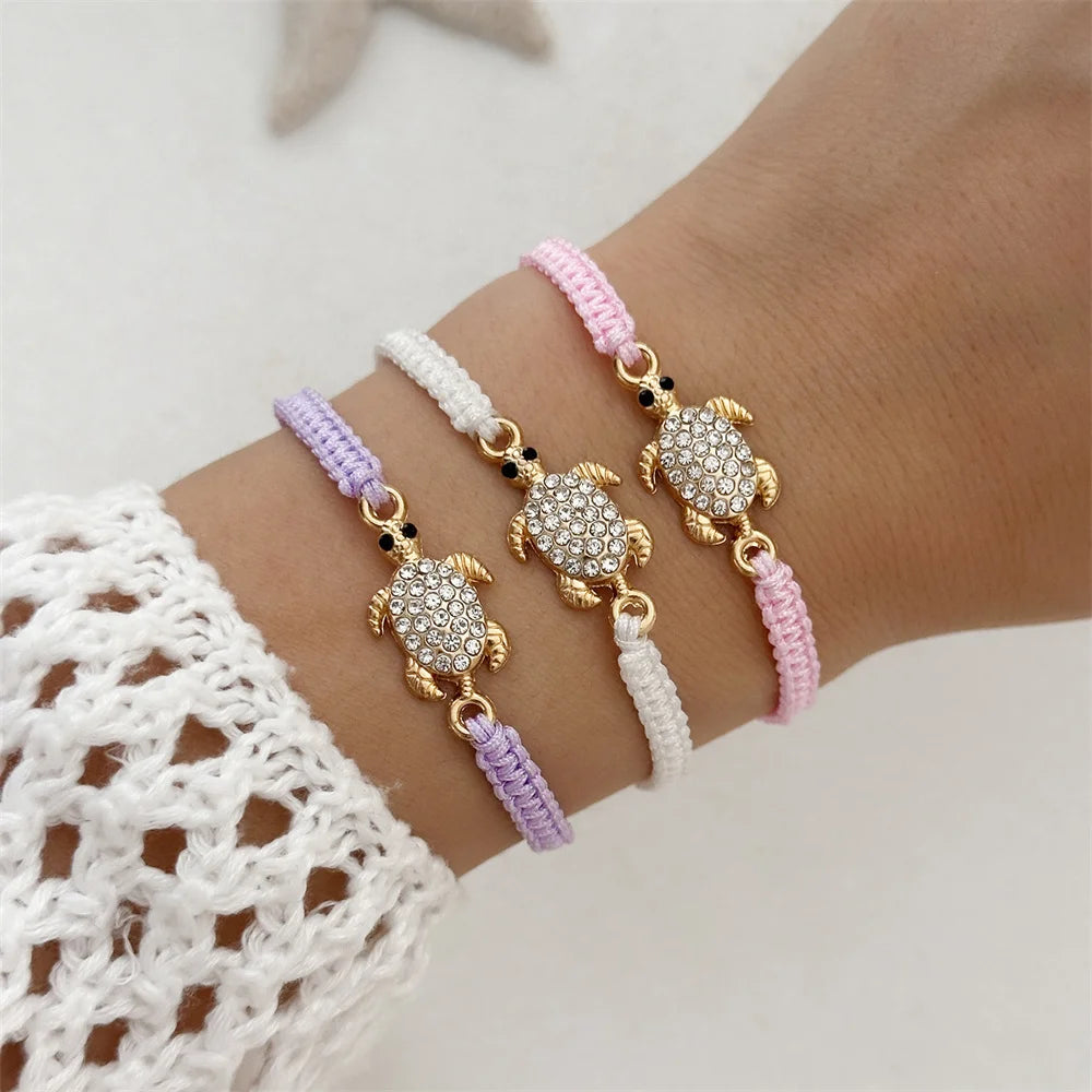 Women’s Adjustable Sea Turtle Bracelet – Gold Color, Rhinestones, Hand-Knitted Rope Chain | Summer Gifts - Floq & Raman
