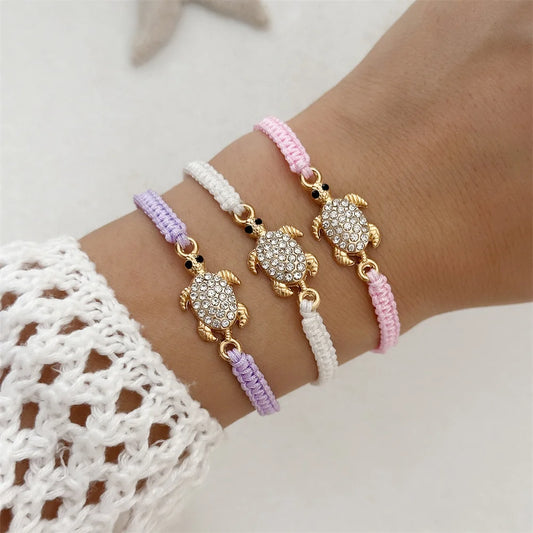 Women’s Adjustable Sea Turtle Bracelet – Gold Color, Rhinestones, Hand-Knitted Rope Chain | Summer Gifts - Floq & Raman
