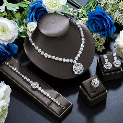 Elegant 4-Piece Wedding Jewelry Set for Women | African Zirconia Round Necklace, Bracelet, Earrings & Ring Bridal Set - Floq & Raman