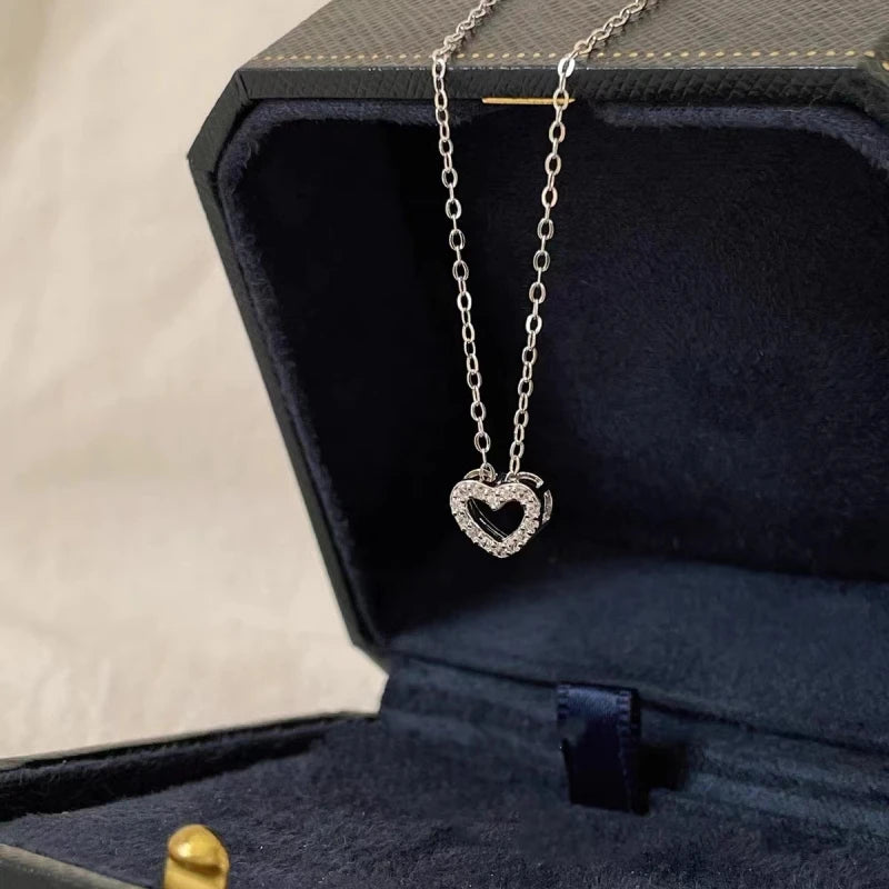 100% 925 Sterling Silver Simple Zircon Heart Pendant Clavicle Chain Necklace Women Classic Fashion 14k Gold Plating Jewelry - Floq & Raman