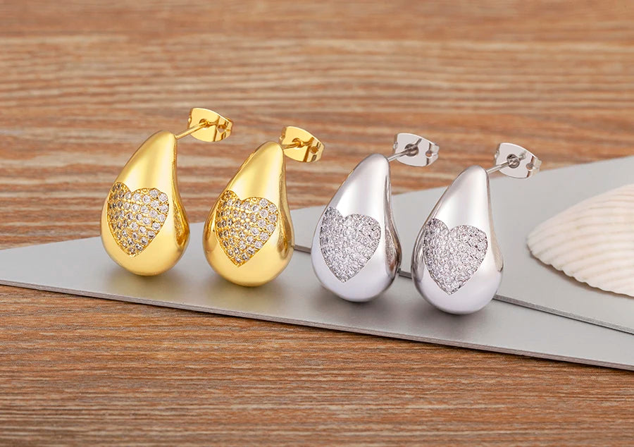 Hot Sale Shiny Heart Pattern Large Water Drop Metal Earrings For Women Retro Smooth Chunky Ear Jewelry Wedding Gifts - Floq & Raman