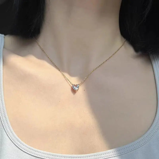 S925 Sterling Silver 14K Gold Plated Heart-Shaped Diamond Necklace Sparkling Gentle Clavicle Chain Jewelry - Floq & Raman