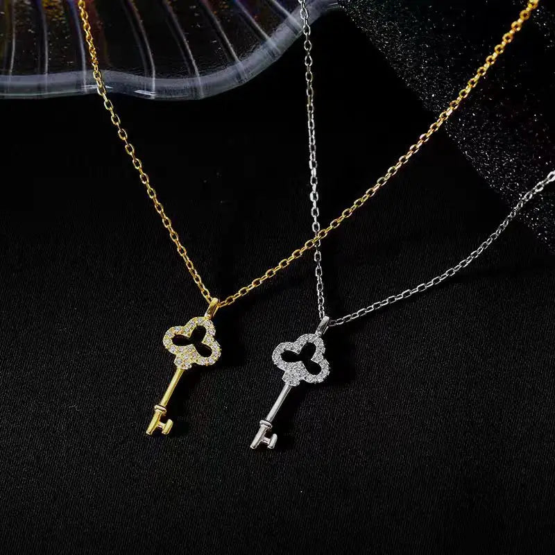 Light Luxury 925 Sterling Silver Plated 14K Gold Zircon Key Pendant Choker Necklace Female Cute Temperament Fine Jewelry - Floq & Raman