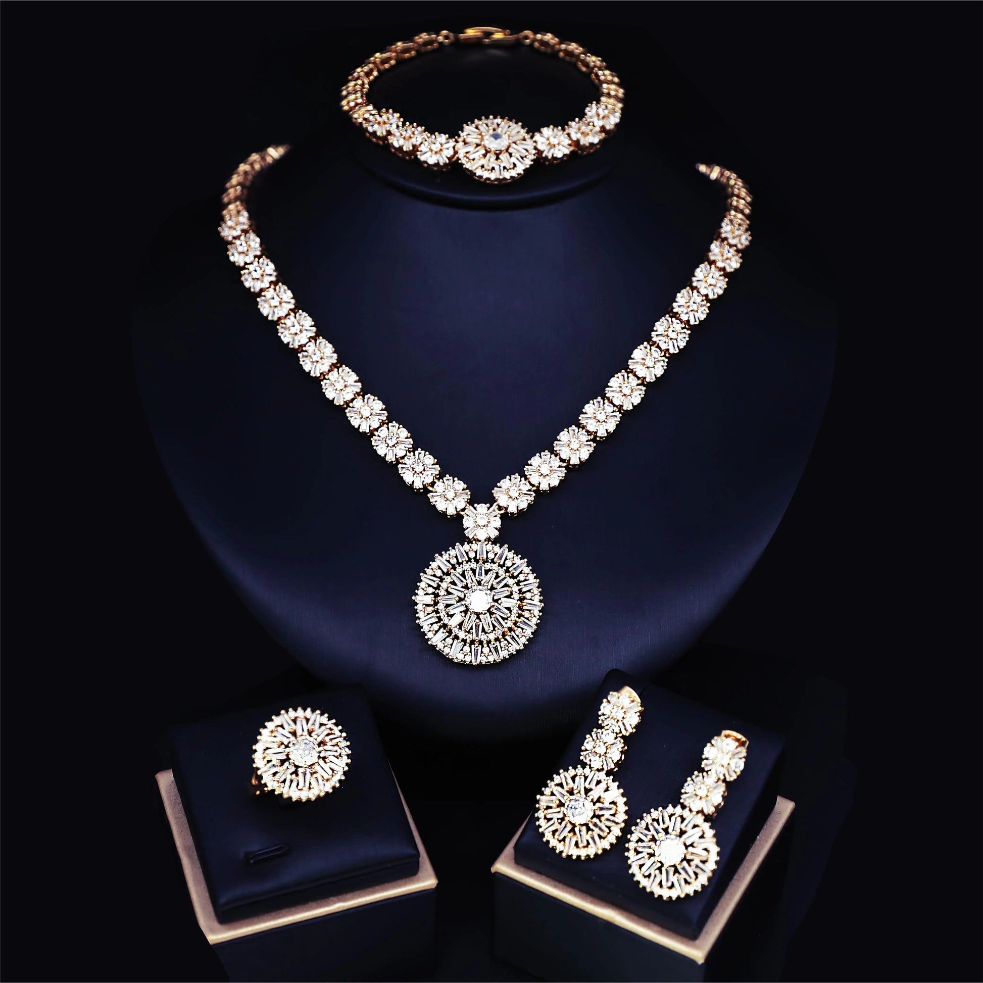Elegant 4-Piece Wedding Jewelry Set for Women | African Zirconia Round Necklace, Bracelet, Earrings & Ring Bridal Set - Floq & Raman