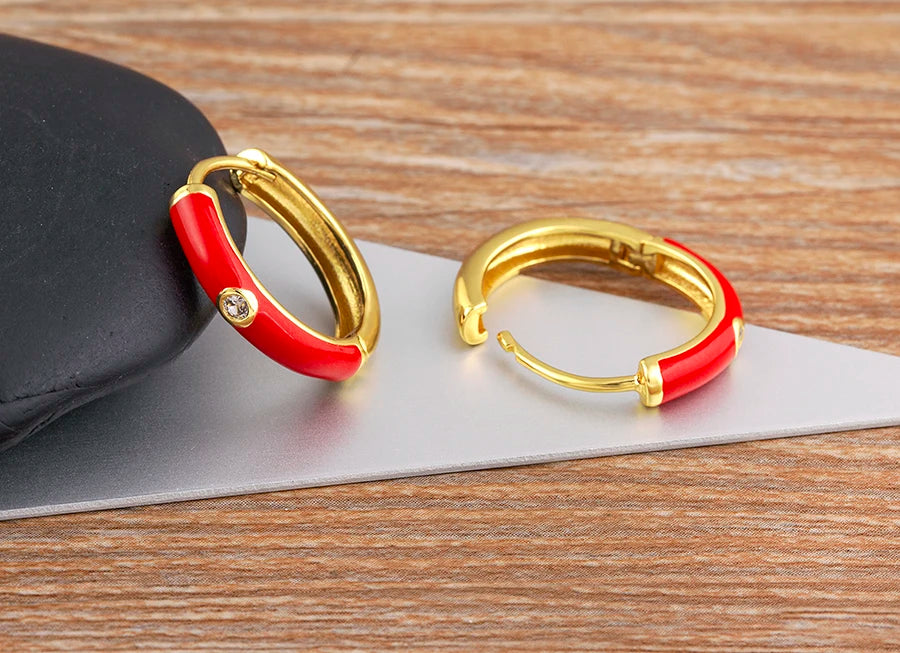 New Minimalist Candy Colors Enamel Round Hoop Earrings for Women Zircon Piercing Cartilage Huggie Ear Jewelry Wedding Gift - Floq & Raman
