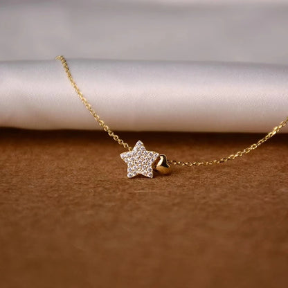 Real 925 Sterling Silver Necklace Sweet Star Heart Pendant 18k Necklace For Women Wedding Statement Fine Jewelry - Floq & Raman