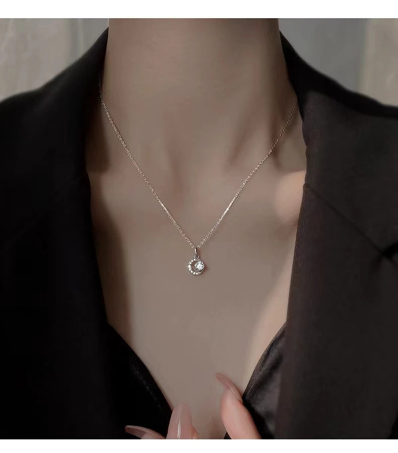 925 Sterling Silver Fashion Simple Crescent Crystal Moon Pendant Necklace Women Shiny High-end Wedding Jewelry Accessories - Floq & Raman