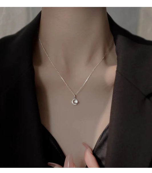 925 Sterling Silver Fashion Simple Crescent Crystal Moon Pendant Necklace Women Shiny High-end Wedding Jewelry Accessories - Floq & Raman