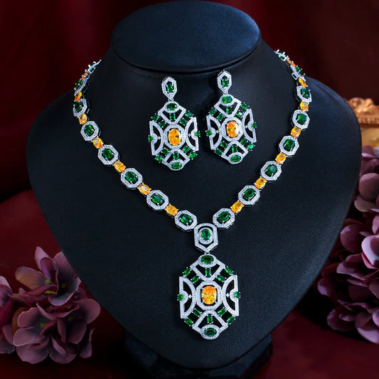 Luxury Chunky Zircon Necklace & Earring Set – Green & Yellow Statement Jewelry for Wedding or Banquet - Floq & Raman