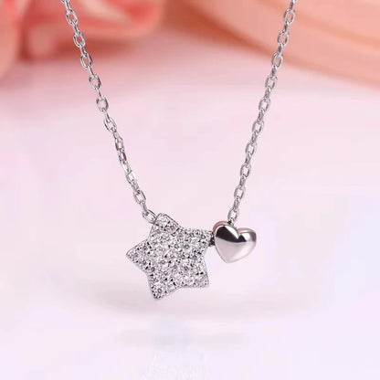 Real 925 Sterling Silver Necklace Sweet Star Heart Pendant 18k Necklace For Women Wedding Statement Fine Jewelry - Floq & Raman