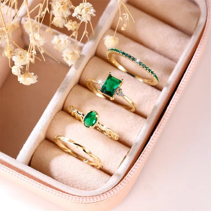 Luxury 4-Piece Green Zircon Stone Ring Set for Women | Trendy Yellow Gold Engagement & Wedding Rings | Elegant Bride Jewelry Gift - Floq & Raman