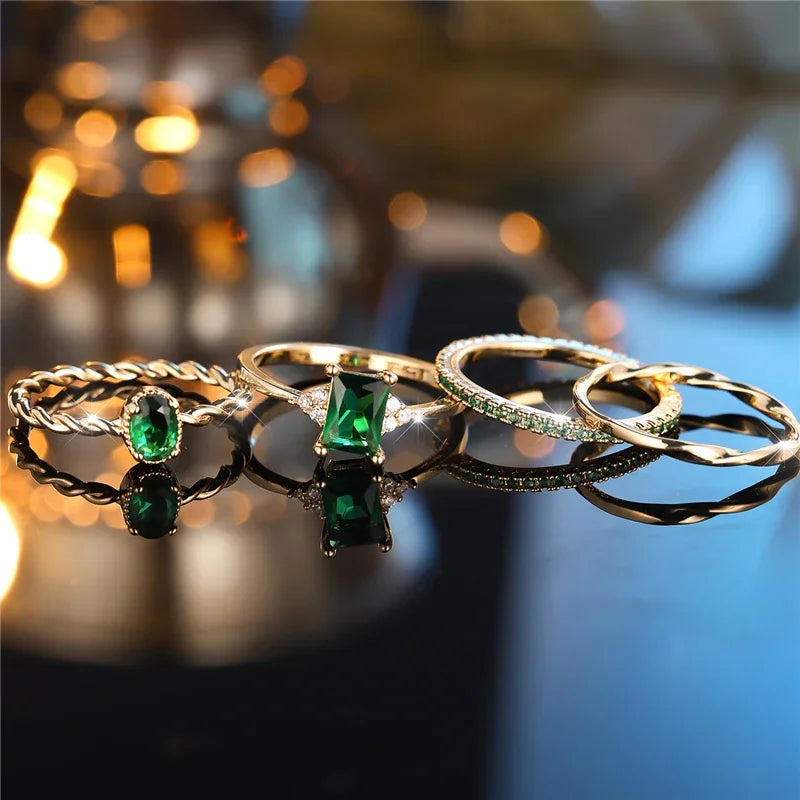 Luxury 4-Piece Green Zircon Stone Ring Set for Women | Trendy Yellow Gold Engagement & Wedding Rings | Elegant Bride Jewelry Gift - Floq & Raman