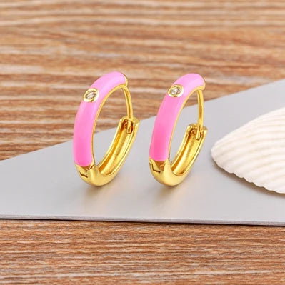 New Minimalist Candy Colors Enamel Round Hoop Earrings for Women Zircon Piercing Cartilage Huggie Ear Jewelry Wedding Gift - Floq & Raman