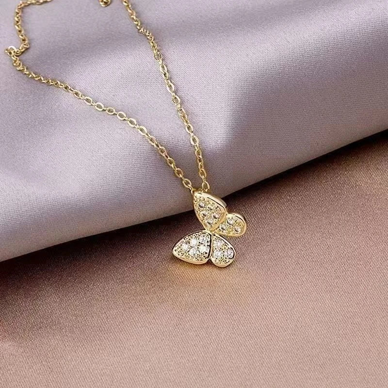 S925 Sterling Silver Butterfly Necklace 18K Gold Plated Korean Style Diamond Embedded Luxury Ins Popular Clavicle Chain - Floq & Raman