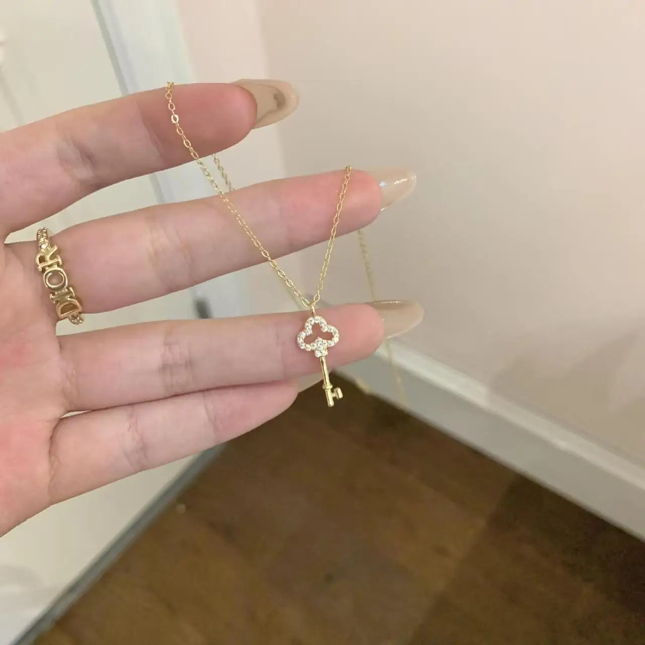 Light Luxury 925 Sterling Silver Plated 14K Gold Zircon Key Pendant Choker Necklace Female Cute Temperament Fine Jewelry - Floq & Raman